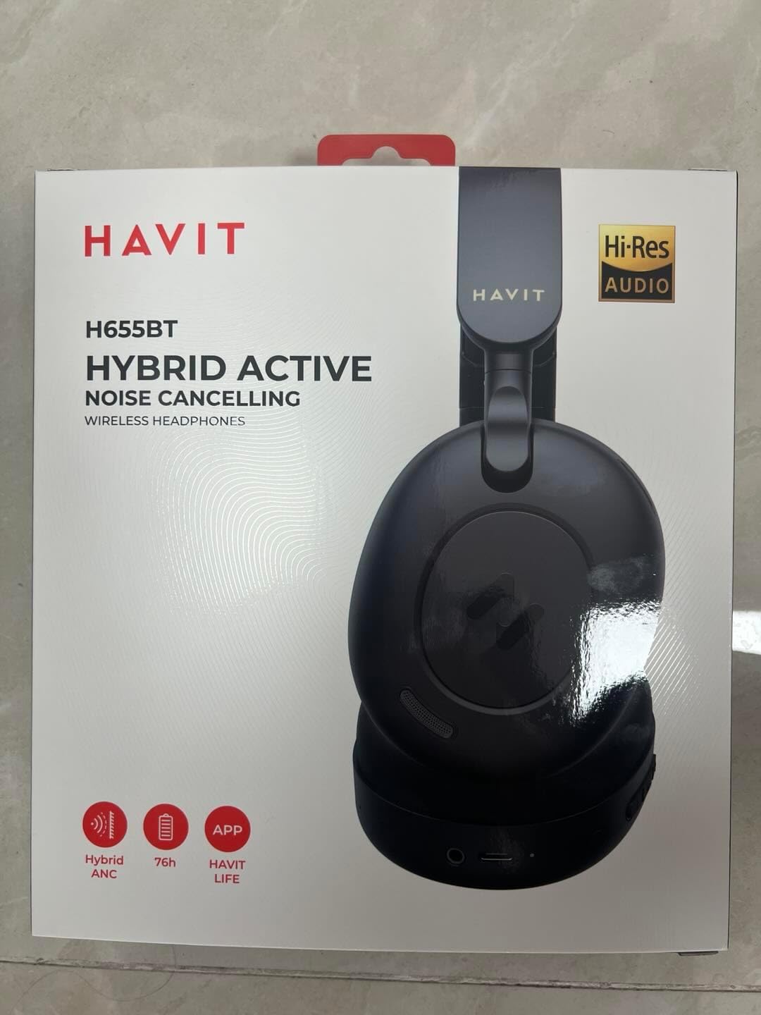 havit H655BT Hybrid Active Noise Cancelling Headphones for Airplane Travel, Wireless Over Ear Bluetooth Headphones, 76H Playtime, Hi-Res Audio, Super Bass via App, 5 Mic for Noise Cancelling