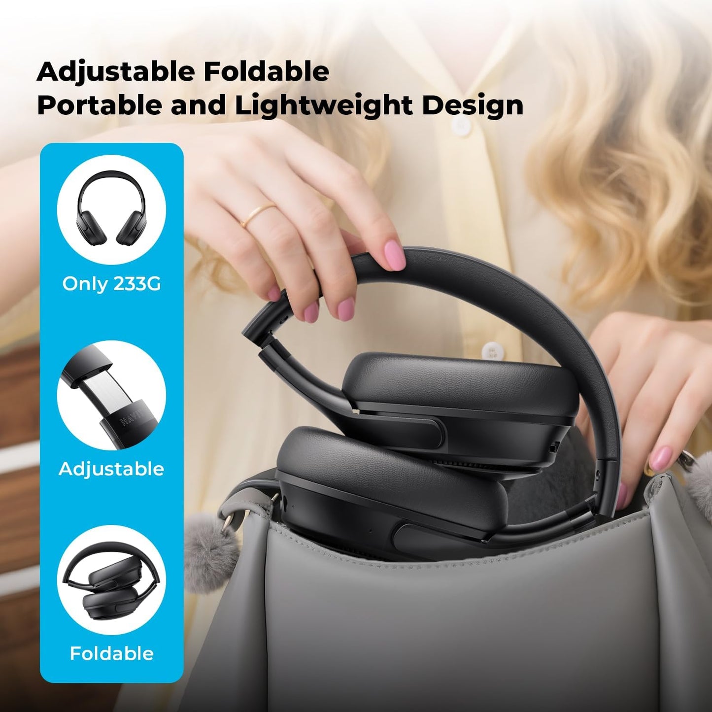 havit Active Noise Cancelling Headphones, Wireless Headphones Over Ear, Foldable Bluetooth 5.3 Over The Ear Headphone, 50H Playtime, HD Stereo Sound, Custom EQ via App for Travel, Office, Home