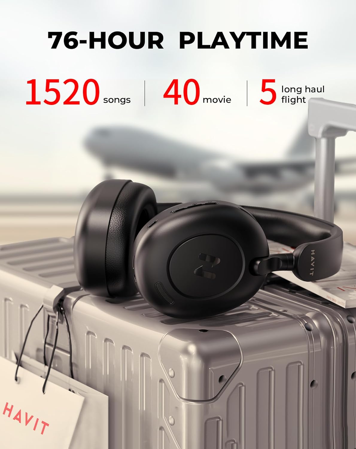 havit H655BT Hybrid Active Noise Cancelling Headphones for Airplane Travel, Wireless Over Ear Bluetooth Headphones, 76H Playtime, Hi-Res Audio, Super Bass via App, 5 Mic for Noise Cancelling