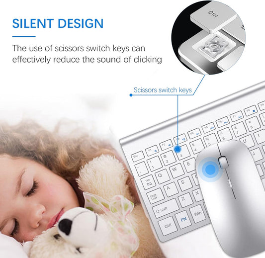 Wireless Keyboard and Mouse Ultra Slim Combo, TopMate 2.4G Silent Compact USB 2400DPI Mouse and Scissor Switch Keyboard Set with Cover, 2 AA and 2 AAA Batteries, for PC/Laptop/Windows/Mac-Silver White