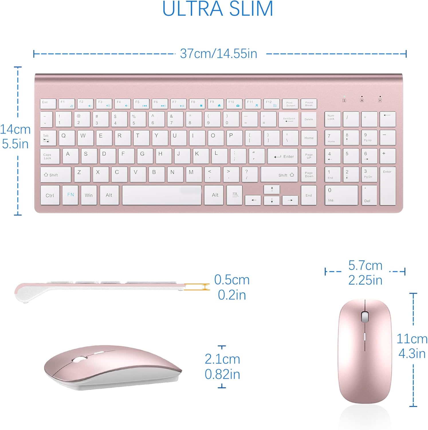 Wireless Keyboard and Mouse Ultra Slim Combo, TopMate 2.4G Silent Compact USB 2400DPI Mouse and Scissor Switch Keyboard Set with Cover, 2 AA & 2 AAA Batteries,for PC/Laptop/Windows/Mac-Rose Gold White