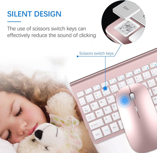 Wireless Keyboard and Mouse Ultra Slim Combo, TopMate 2.4G Silent Compact USB 2400DPI Mouse and Scissor Switch Keyboard Set with Cover, 2 AA & 2 AAA Batteries,for PC/Laptop/Windows/Mac-Rose Gold White