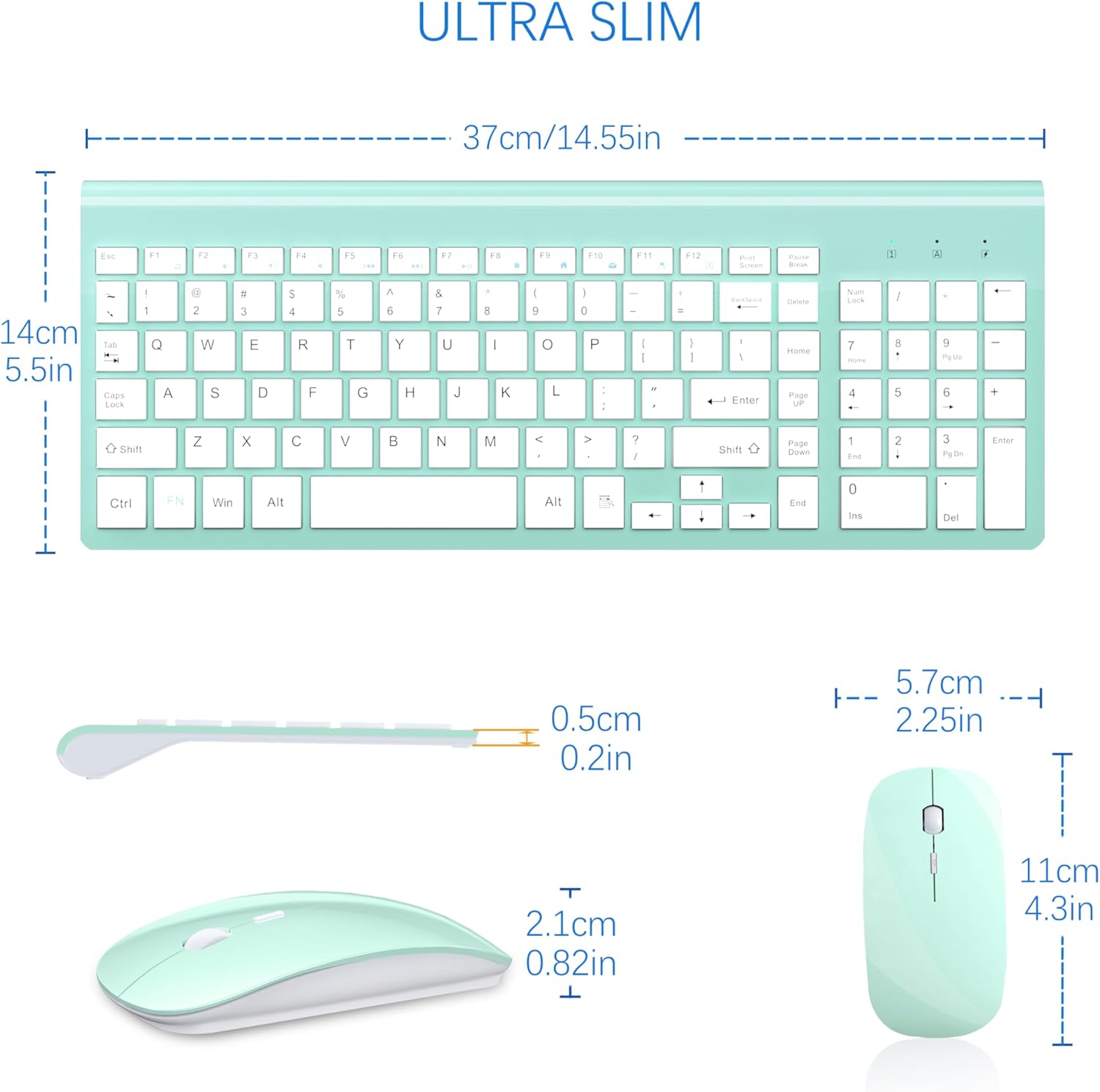 Wireless Keyboard and Mouse Ultra Slim Combo, TopMate 2.4G Silent Compact USB 2400DPI Mouse and Scissor Switch Keyboard Set with Cover, 2 AA and 2 AAA Batteries, for PC/Laptop/Windows/Mac - Mint Green