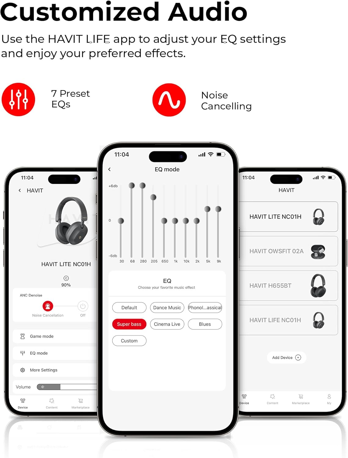 havit NC01 Active Noise Cancelling Headphones, Folding Design Headphones Wireless Bluetooth, 80H Playtime, Hi-Res Audio Custom EQ via App Super Bass for Airplane Traffic Home