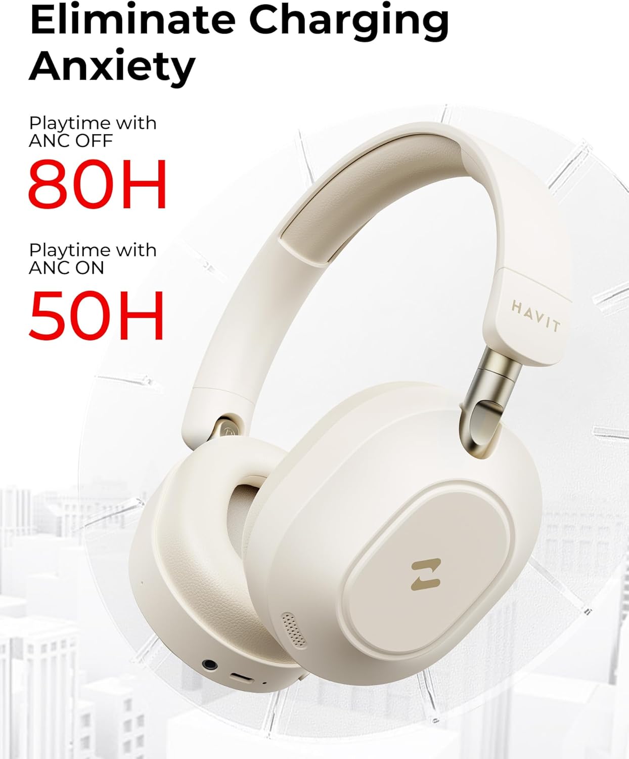 havit NC01 Active Noise Cancelling Headphones, Folding Design Headphones Wireless Bluetooth, 80H Playtime, Hi-Res Audio Custom EQ via App Super Bass for Airplane Traffic Home